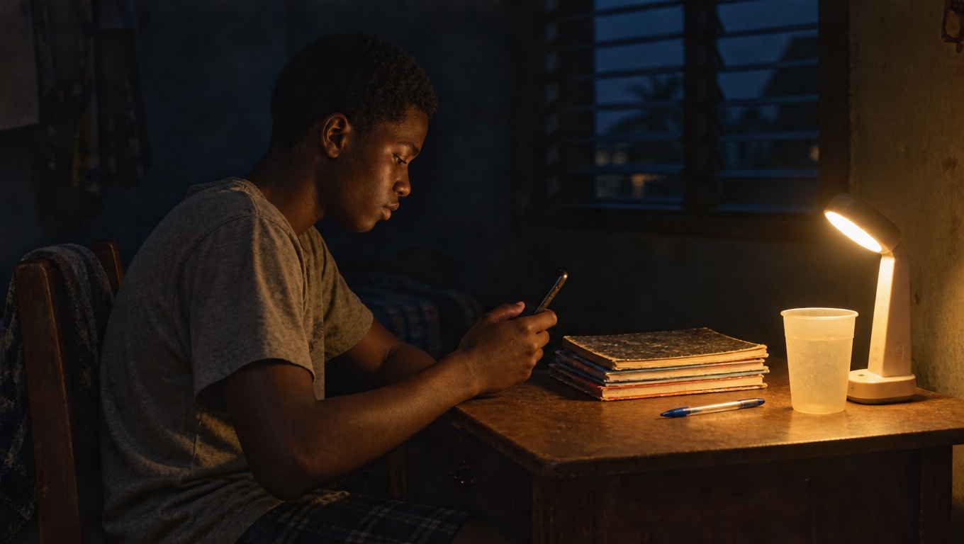 A student studying at a desk at night